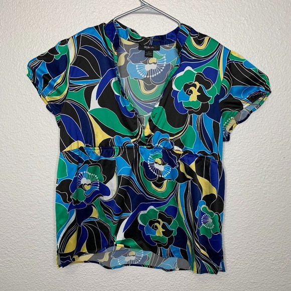 Style & Co. Women's Top Blouse Size 14 Blue Floral Design - Picture 1 of 4